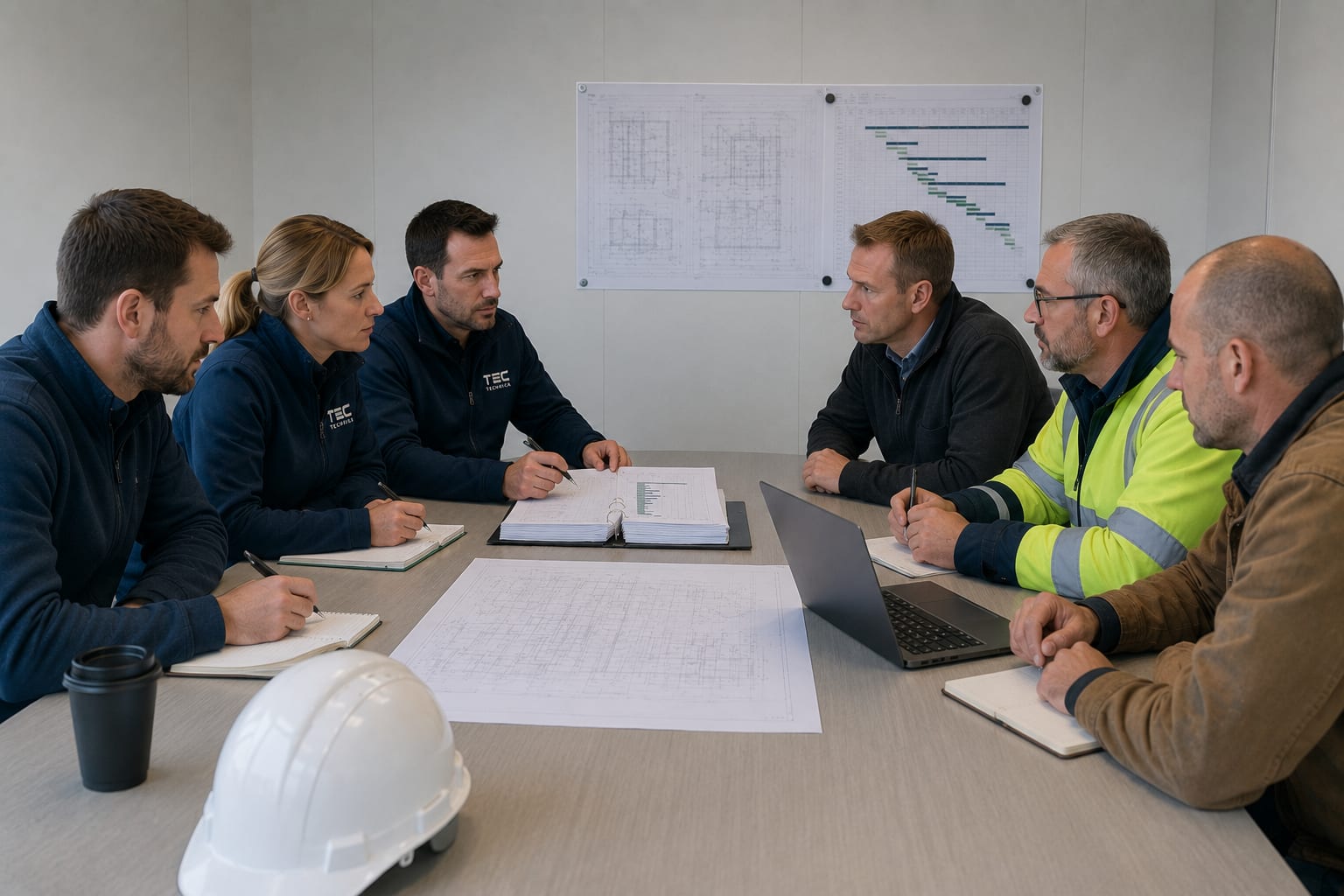 Experienced project manager reviewing programme and contract documents in a site office